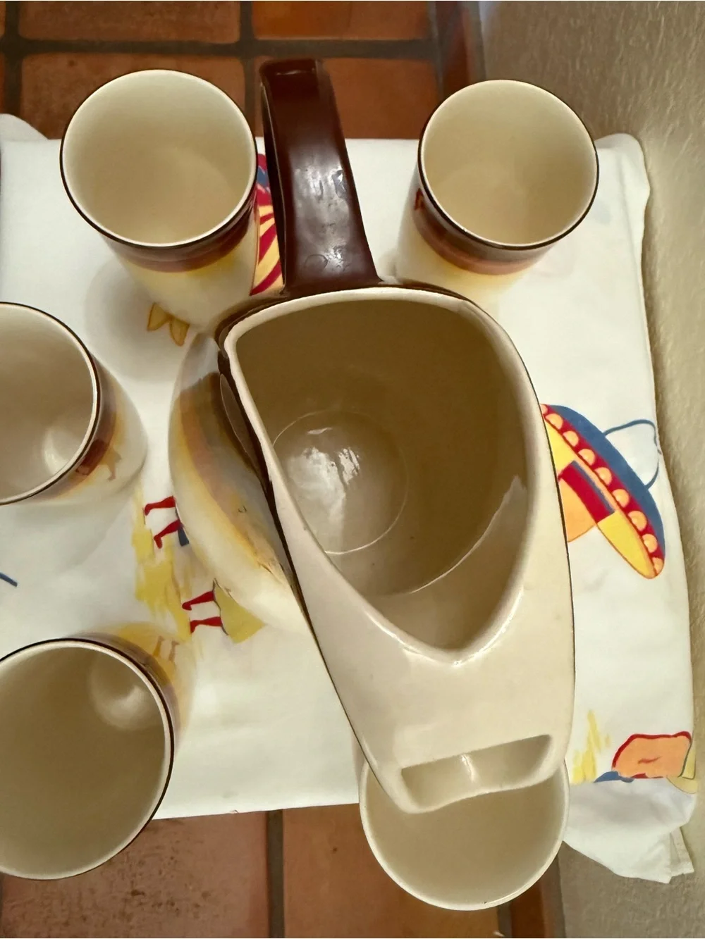 Retro Ceramic Pitcher and 5 Tumblers - Brown, Amber & Cream